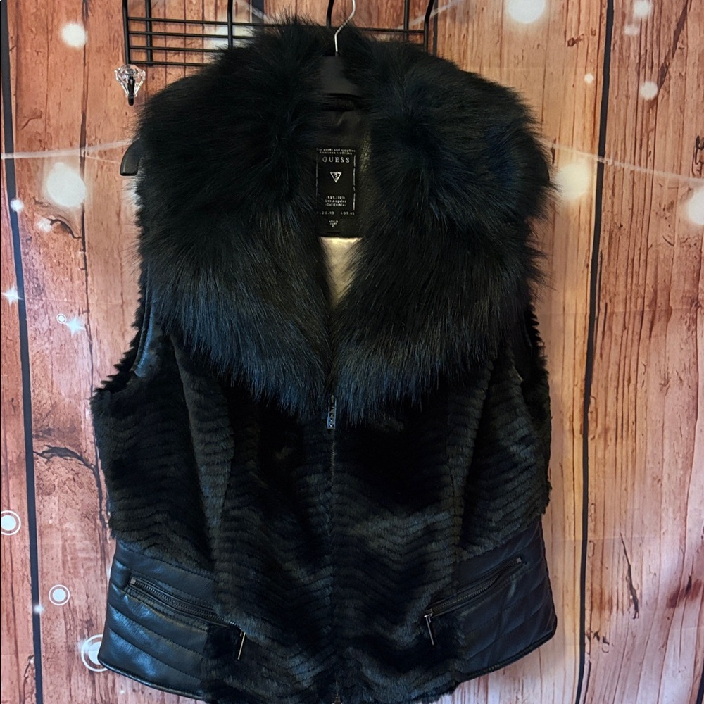 Guess Luxurious Black Faux Fur and Leather Vest, Women’s XL jacket,coat,vest